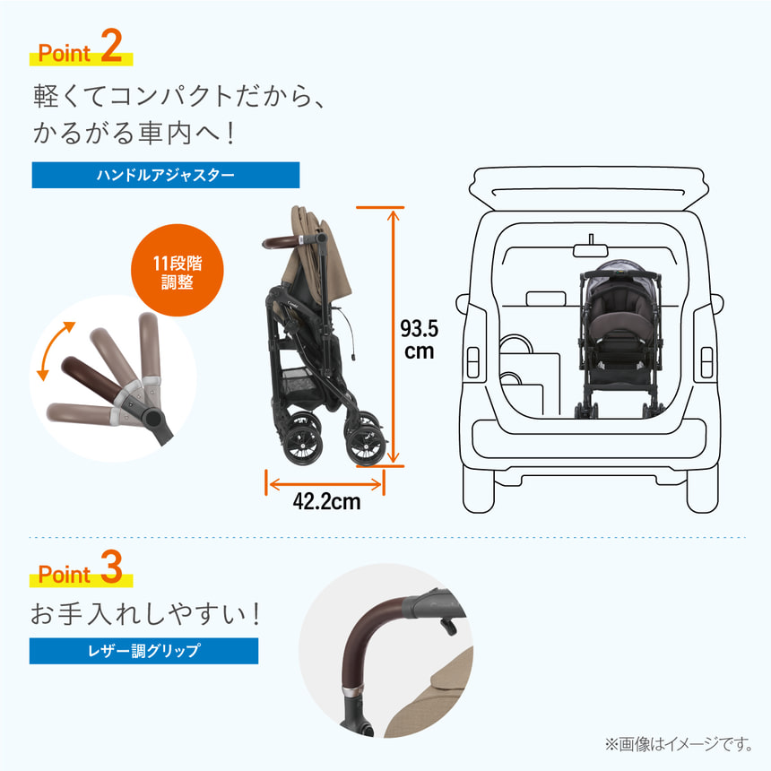 Point2【軽くてコンパクトだから、かるがる車内へ！】ハンドルアジャスター　11段階調整 折り畳み時　奥行42.2cm 高さ93.5cm Point3 【お手入れしやすい！】レジャー調グリップ