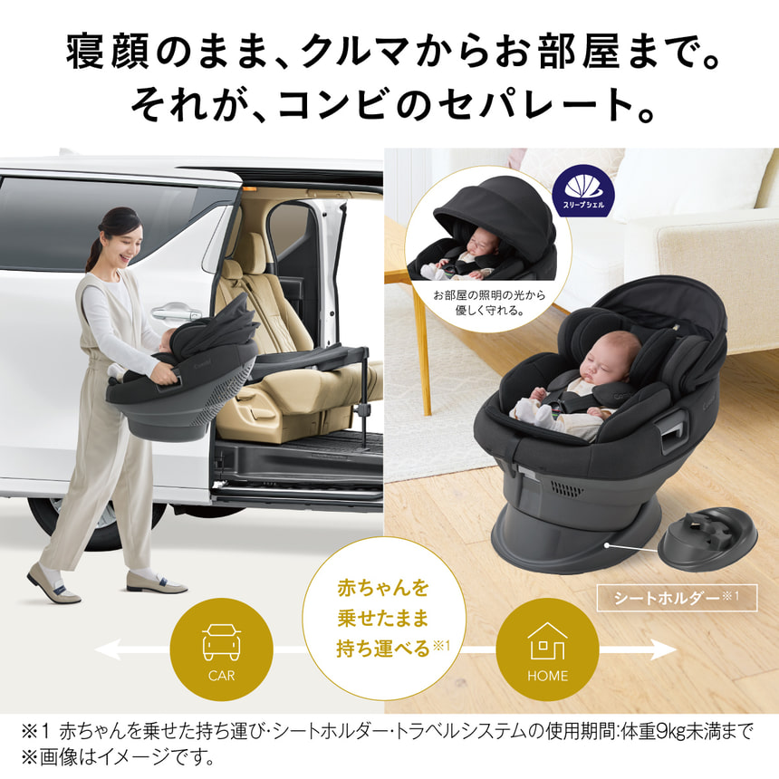寝顔のまま、クルマからお部屋まで。それが、コンビのセパレート。　赤ちゃんを乗せたまま持ち運べる※1　お部屋の照明の光から優しく守れる。スリープシェル　シートホルダー※1　※1 赤ちゃんを乗せた持ち運び・シートホルダー・トラベルシステムの使用期間:体重9kg未満まで